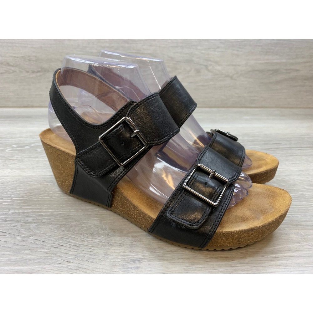 Comfortiva Women's 8.5 M Black Leather Wedge Sandals Pillowtop Foam Shoes